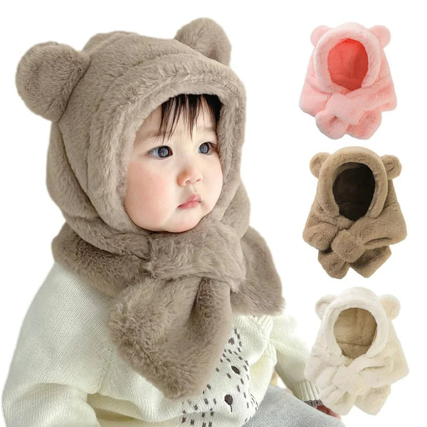 Winter Baby Hat Scarf One-Piece Faux Fur Kids Hats Cartoon Bear Warm