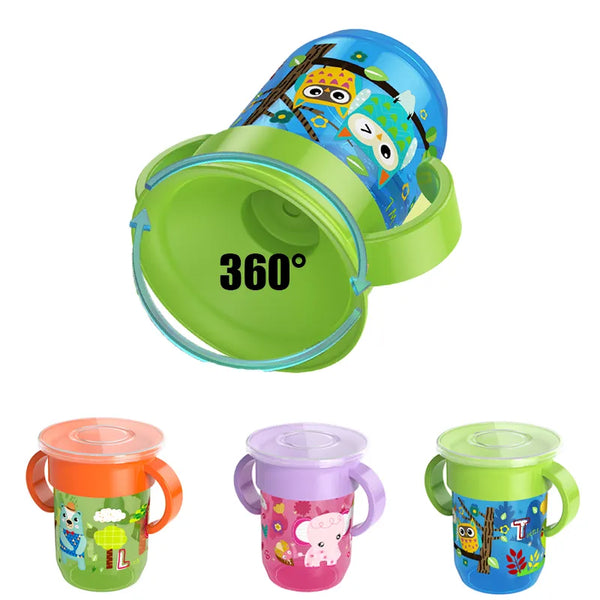 360 Rotated Cartoon Baby Learning Drinking Cup with Double Handle Flip