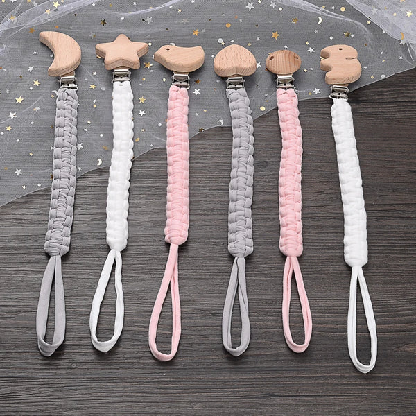 Simple Crochet Cotton Cloth Baby Pacifier Chain Moon Heart Beech Wood