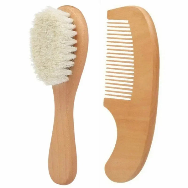 2PCS Newborn Wool Baby Wooden Brush Comb Newborn Hair Brush Infant