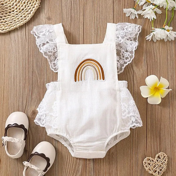 Newborn Baby Rainbow Embroidered Lace Flying Sleeves Romper