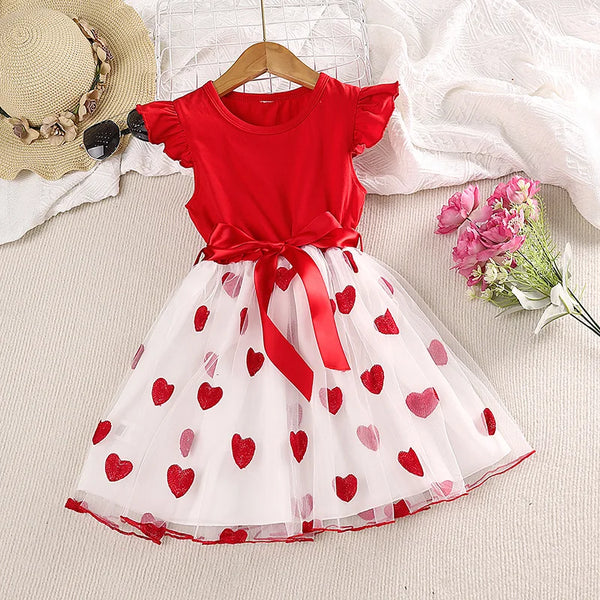 Children's Clothing Summer Ruffled Love Mesh Small Round Neck Splice