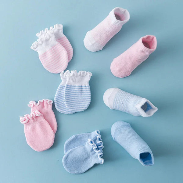 4Pair/Set Solid Color Baby Socks Gloves Set Cute Strip Elastic Infant