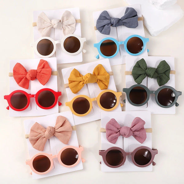 2Pcs/Pack Vintage Kids Summer Bows Headband Round Sunglasses Children