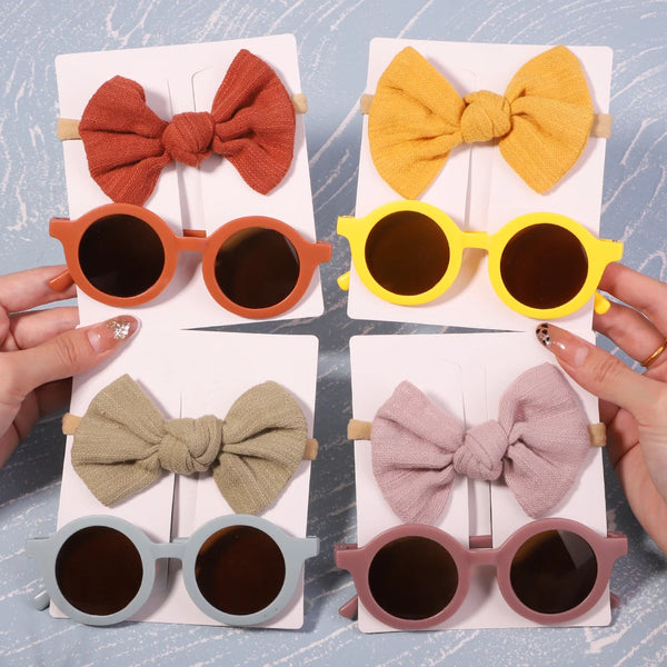 2Pcs/Pack Vintage Kids Summer Bows Headband Round Sunglasses Children