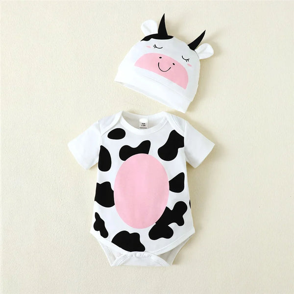 Newborn Baby Boy Cosplay Jumpsuit Cow Short Sleeved Bodysuit+Calf Hat