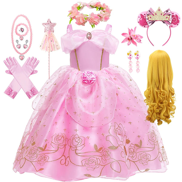 Aurora Pink Princess Dress Girl Sleeping Beauty Cosplay Costume Summer