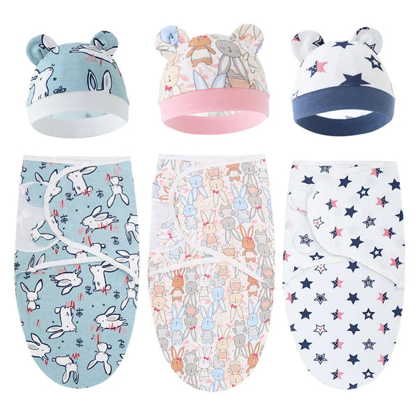 Baby Blanket Hat Set Cartoon Printed Cotton Newborn Swaddle Adjustable