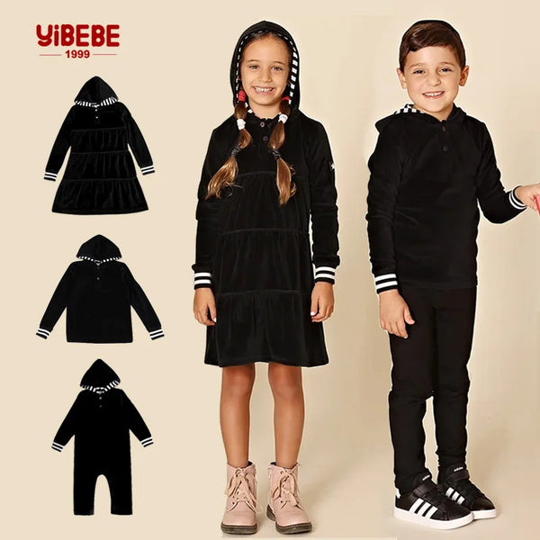 AA-velour hooded set tired dress with hooded lining striped shirt and