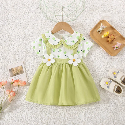 (0-3 Years Old) Summer Baby Girl Cotton Flower Fake Two-Piece Shoulder