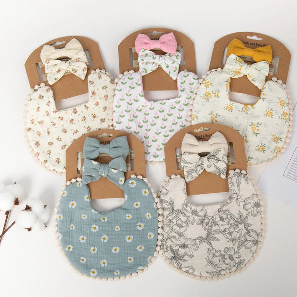 3Pcs/Set Baby Flower Bibs & Headbands Bow Nylon Hairbands Double Side