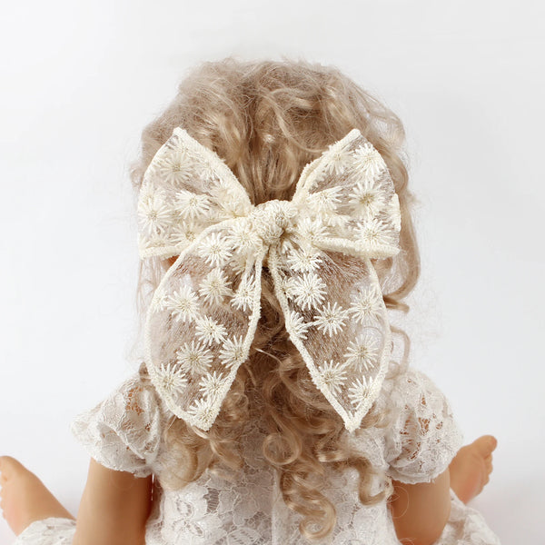 3pcs Kids Flower Embroidery Lace Bow Hair Clips Solid Color Elegant