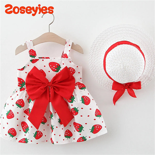 Summer Baby Girl's Dress Small Round Dot Strawberry Print Chest Bow