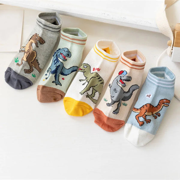 5 Pairs Boy's Dinosaur Pattern Socks Comfortable Breathable Casual