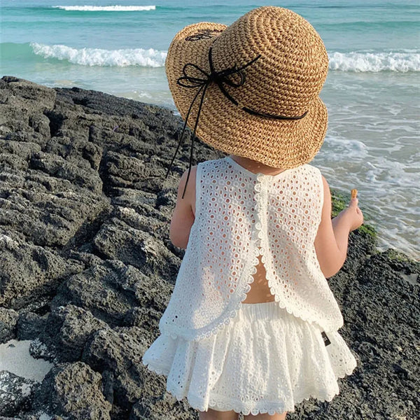 Girls 2024 Summer Clothing Sets Hollow Lace Suit Baby Casual