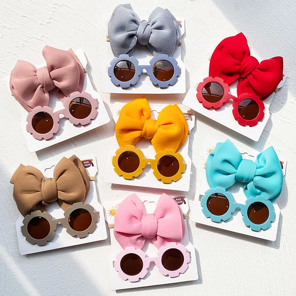 2Pcs/Set Fashion Vintage Newborn Kid Bows Headband Round Sunglasses