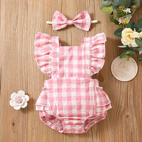 Newborn Baby Girl Bubble Cotton Plaid Flying Sleeve Climbing Suit With