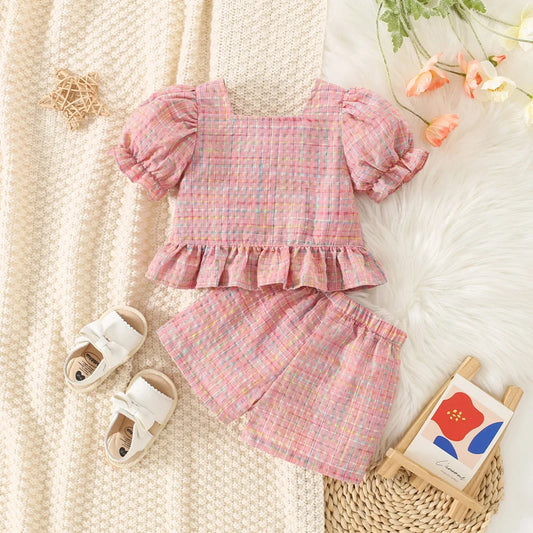 (0-3 Years Old) Summer Baby Girl Cotton Color Plaid Bubble Sleeve Top