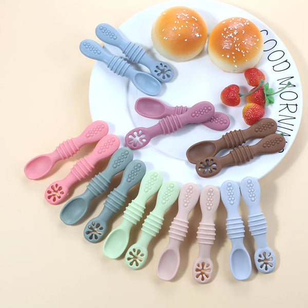 2PCS Cute Baby Learning Spoons Utensils Set Food Grade Silicone Sticky