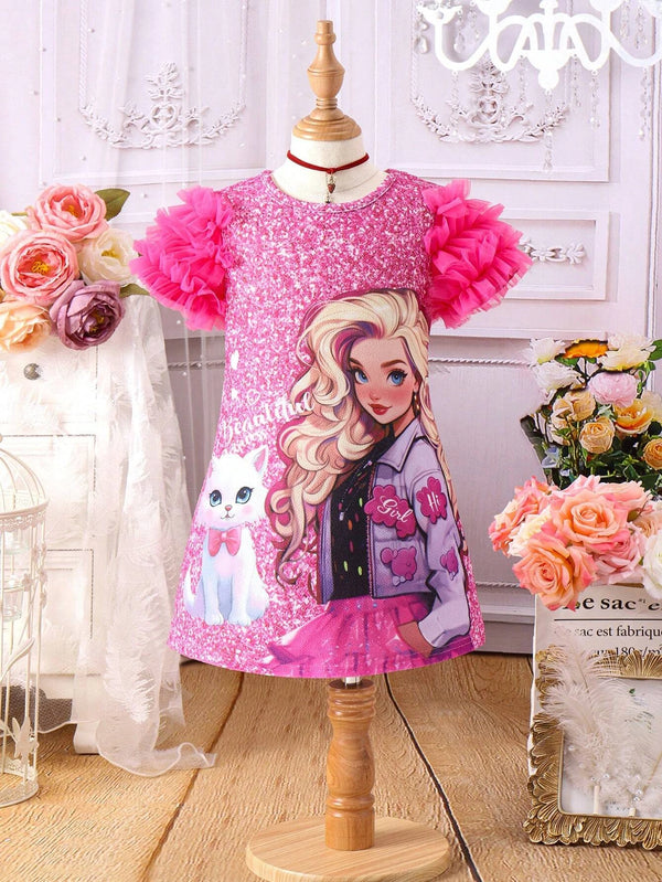 Girl Cute Cat Cartoon Girl Printed Mesh Ruffle Edge Sleeves Dress