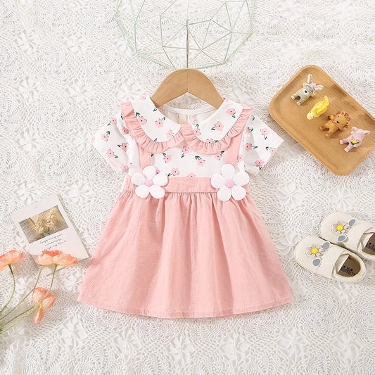 (0-3 Years Old) Summer Baby Girl Cotton Flower Fake Two-Piece Shoulder