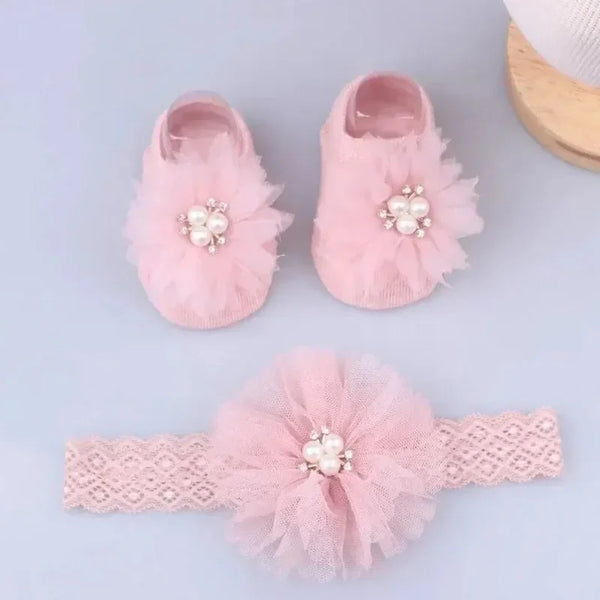 Cute Pearl Bows Baby Headband Socks Set Non Slip Cotton Sock Lace