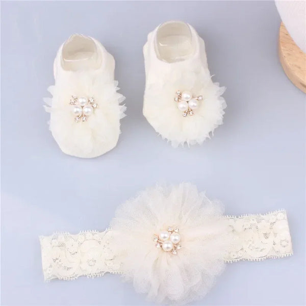 Cute Lovely Pearl Bows Baby Headband Socks Set Non Slip Cotton Sock