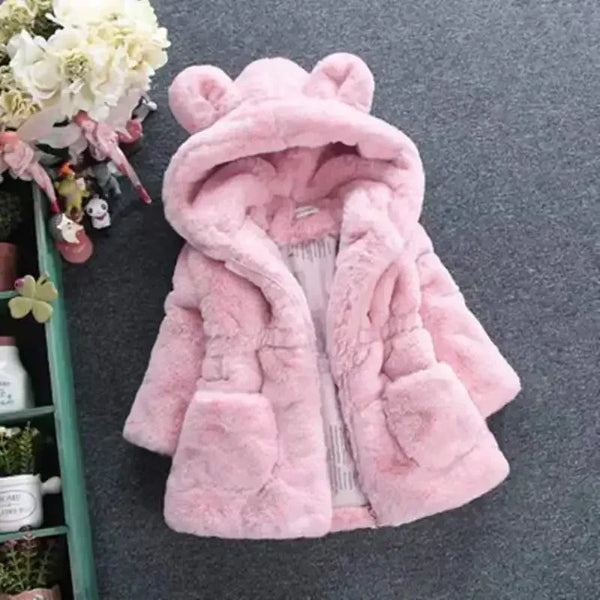 Winter Girl's Coat Furry New Hooded Bear Solid Color Long-sleeved Coat