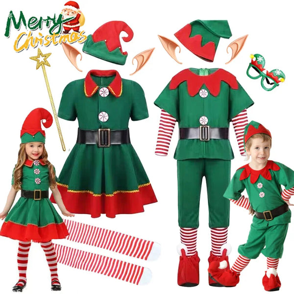 Christmas Santa Claus Costume for Girls Boys Cosplay Green Elf