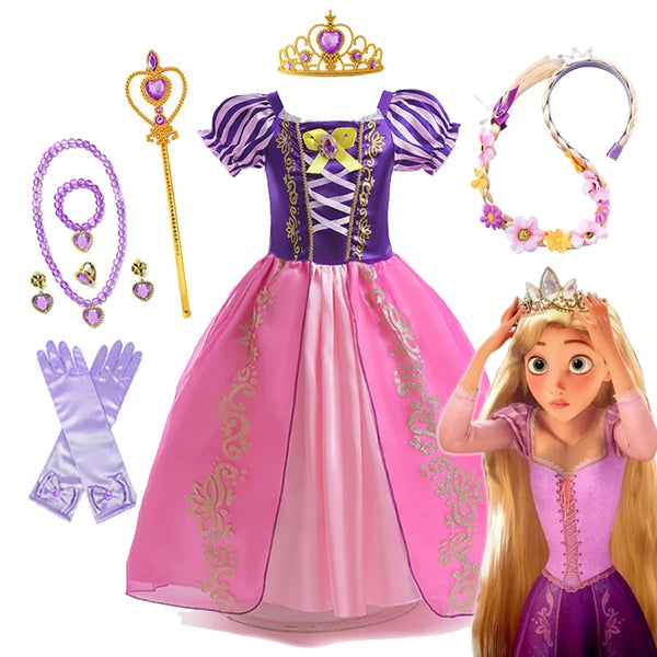 Disney Rapunzel Princess Dress Girl Purple Puff Sleeve Cosplay Tangled