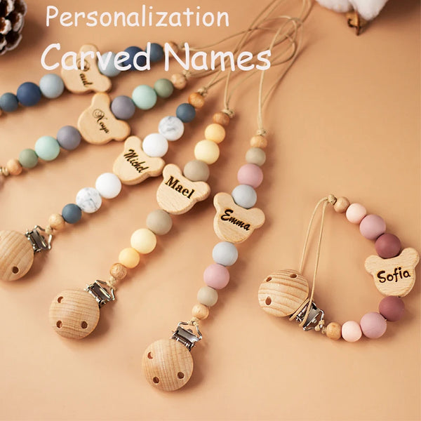 Custom Name Wooden Personalized Baby Pacifier Chain Silicone Bead