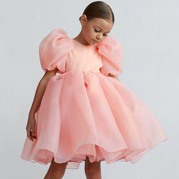 Fashion Girl White Princess Dress Tulle Puff Sleeve Wedding Party Kids