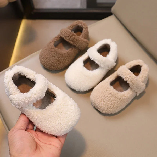 Winter New Children Flat Shoes Fur Cover Toe Light Warm Kids Casual