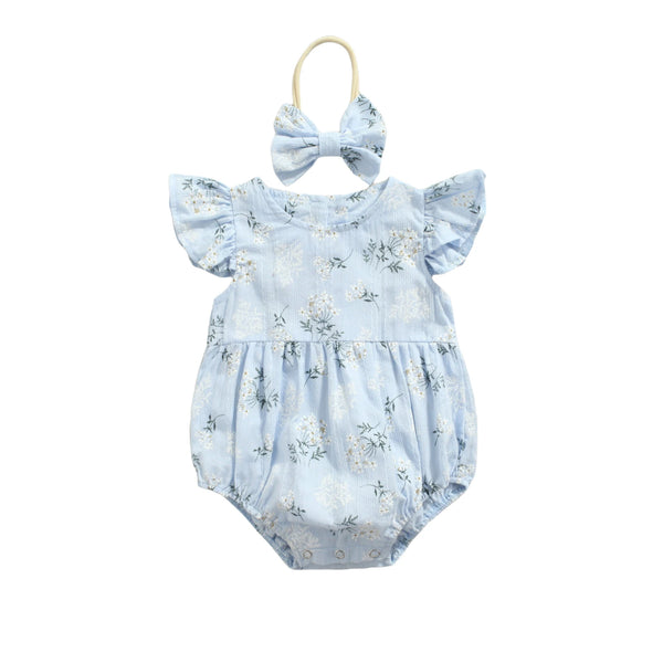 Baby Romper with Hairband Kids Floral Print Round Neck Fly Sleeve