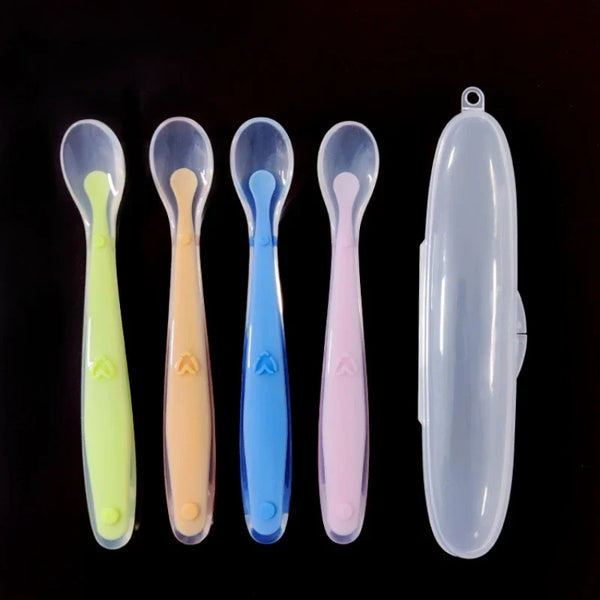 Baby Soft Silicone Spoon with Storage Box Candy Color Temperature