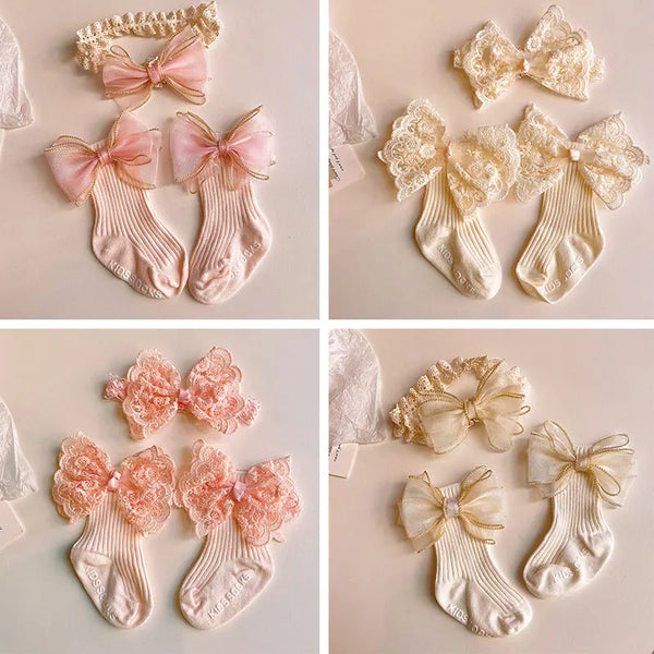 2Pcs Baby Bow Headband Socks Set Toddler Boys Girls Lace Print Bowknot