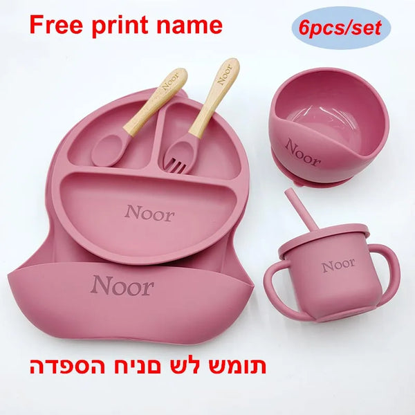 6Pcs Silicone Tableware For Kids Baby Feeding Sets Sucker Bowl Dining