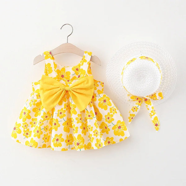 New Summer Girl Dress Sweet Sleeveless Small Flower Print Big Bow