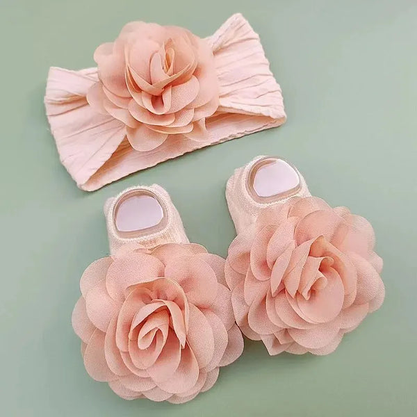 Cute Baby Socks+ Headbands Set Non Slip Cotton Sock Lace Flower