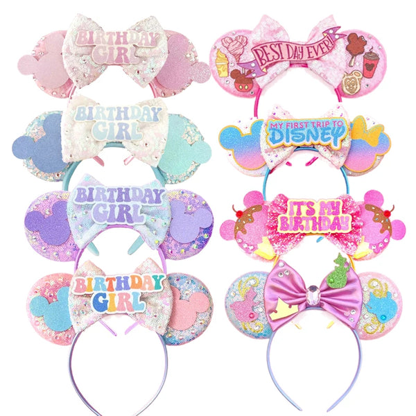 2024 Mickey Mouse Ears Headband Women Sequin Birthday Girl Bow Minnie