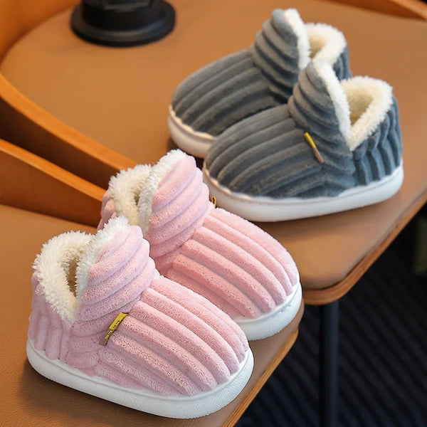 New Winter Concise Stripe Plush Slippers Children's Non-slip Soft Sole