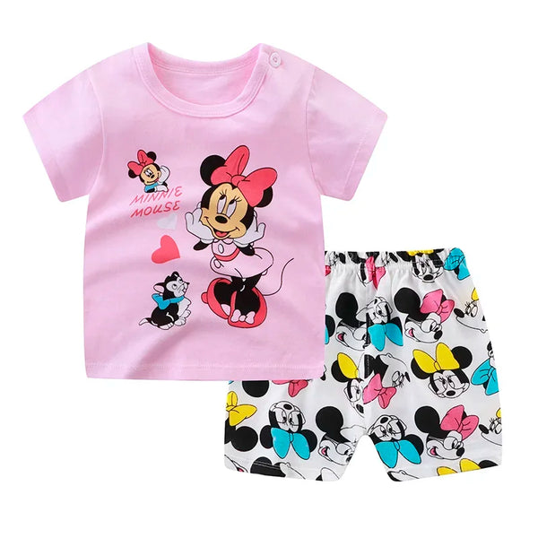 Disney Summer Baby Girl Clothes Set Cartoon Minnie Short Sleeve Cotton