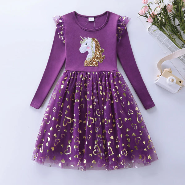 Girls' Autumn Long Sleeve Mesh Cartoon Unicorn Dress LH1696