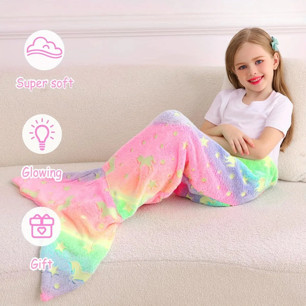 Cartoon Rainbow Unicorn Mermaid Tail Blanket Super Soft Glow in The