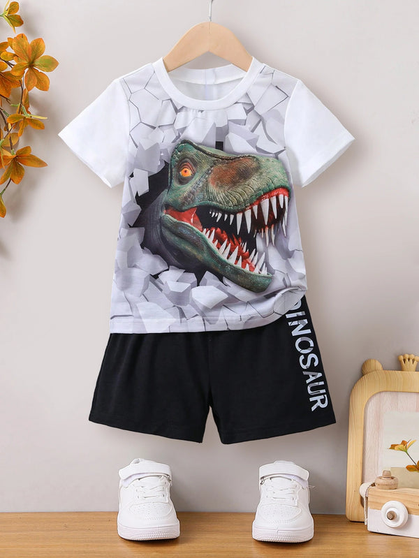 Summer Boys' Suit T-Shirt Tops Shorts Dinosaur Print Casual Fashion