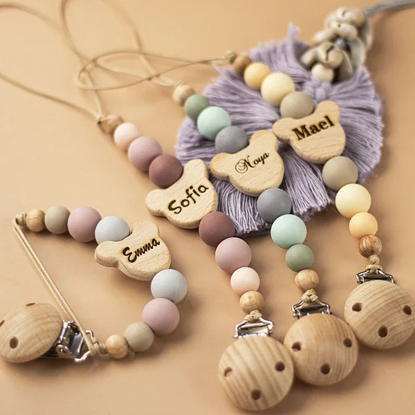 Custom Name Wooden Personalized Baby Pacifier Chain Silicone Bead