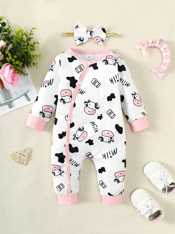 2PCS Newborn Baby Girl Fashion Jumpsuit Cute Cow Long Sleeve