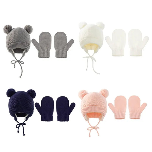 2Pcs Baby Knit Gloves Hat Set Solid Color Autumn Winter Ear Protection