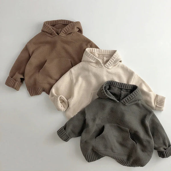 Front Pocket Fine Knit Children Boys Girl Sweaters Hoodie Knit