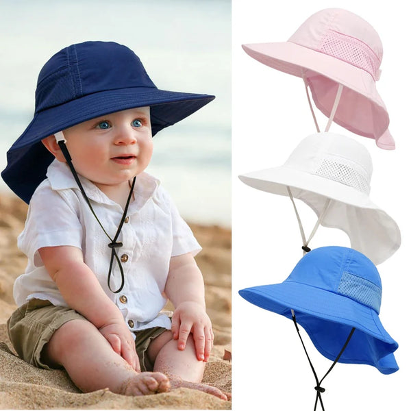 Spring Summer Baby Hat Beach Sun Protection Neck Kids Bucket Hats for